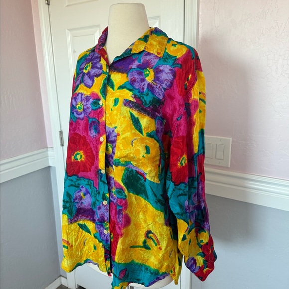 Vintage XPL XPLOSIF Women’s Long Sleeve Floral Blouse Size Medium 100% Silk - Picture 4 of 15